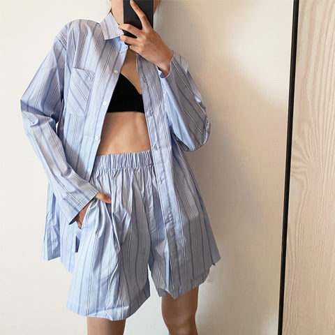 Sonicelife Casual Striped Tracksuits Woman Shorts Set Oversize Shirt High Waist Shorts Two Piece Set 2021 Female Clothes