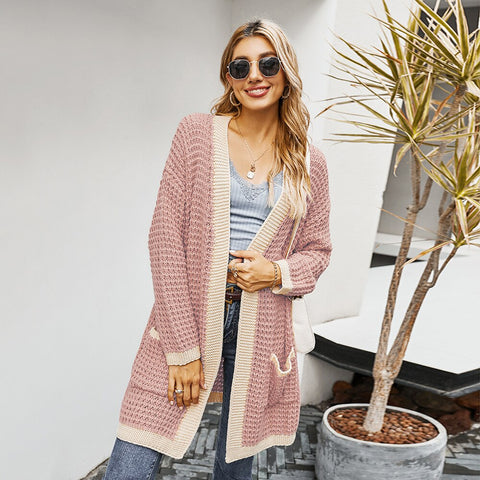 Sonicelife Sale Women Stitching Cardigan Jacket Patchwork Knitted Coat With Pocket Long Sleeve Soft Long Female Sweaters Casual Outwear D30