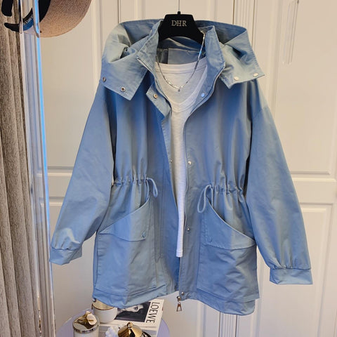 2023 spring and autumn new ladies mid-length Korean fashion windbreaker jacket casual street hooded zipper jacket coat