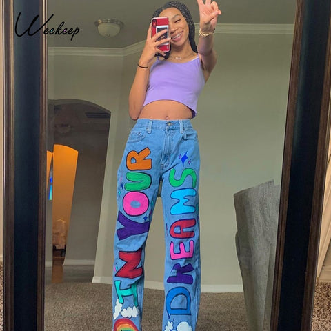 Sonicelife Weekeep Letter Print Fashion Streetwear Jeans Women High Waist Baggy Vintage Straight Trousers  Leisure Female Cargo Denim Pants