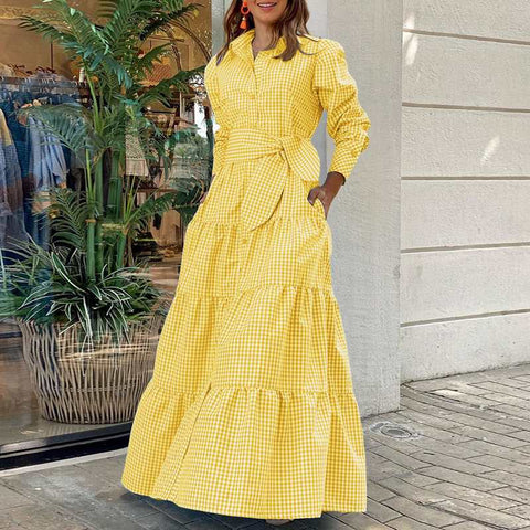 Sonicelife  Shirt Dress Women Long Sleeve Party Dresses 2024 Casual Lapel Button Vintage Belted Pockets Sundress Plaid Printed Robes