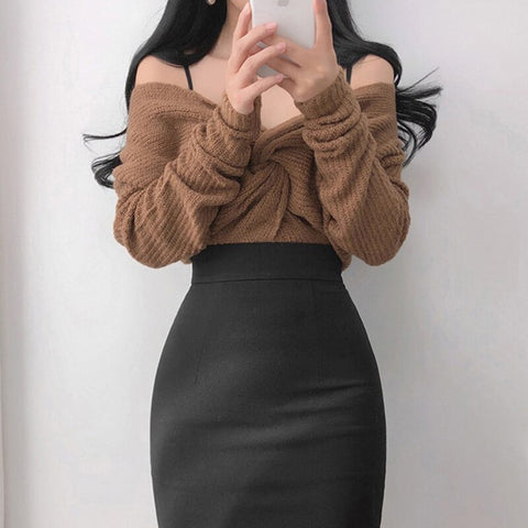 Sonicelife Elegant Solid Front Cross Chest Sweater Women  Off Shoulder Long Sleeve Loose Jumpers Korean Street Style Casual Top