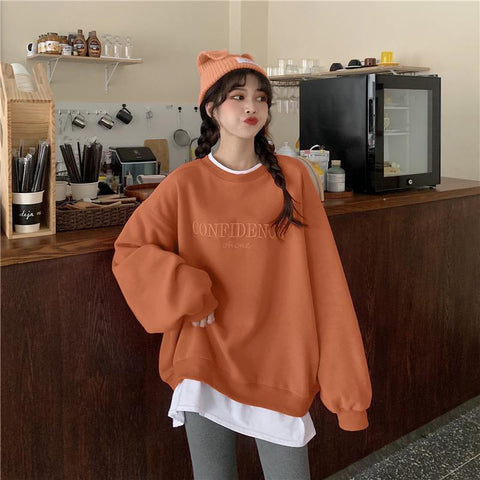 Sonicelife French Vintage Full Sleeve Sweatshirt Streetwear 2024 New Trendy Loose Fake Two Pullover 90s Embroidered Round Neck Women Hoodie