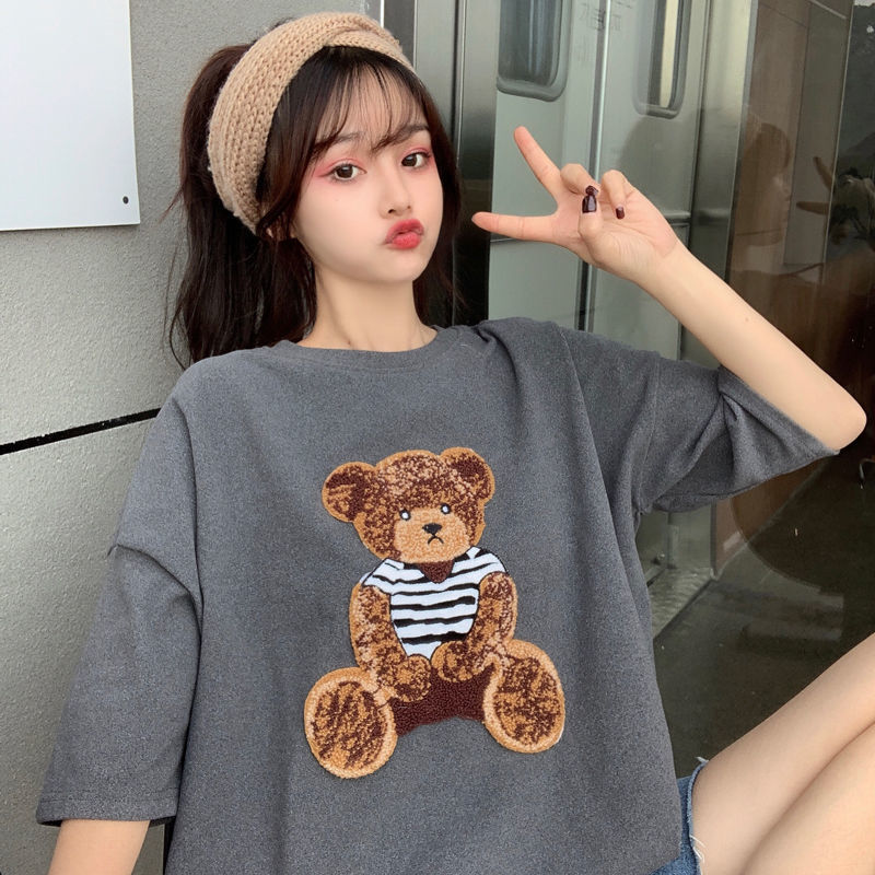 Sonicelife Harajuku Streetwear Oversized Women Tshirts Korean Cute Bear Half Sleeve Loose T-Shirt Fashion Casual Tees Summer Couple Clothes