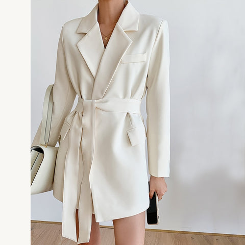 Women's Spring Jackets 2023 Elegant White Black Office Wear with Belt Suit Blazer Coat Long Sleeve Ladies Blazer Dress for Women