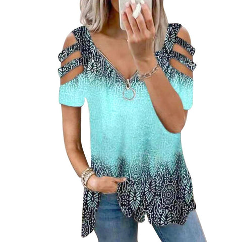 Women Gradient T Shirt Summer  V Neck Zipper Hollow Out Short Sleeve Basic Ladies Tops New Female Loose Street T-shirt D30