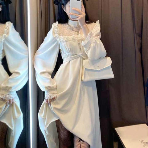 French Lace Vintage Dress Women Fashion Puffer Sleeve Elegant One Piece Dress Korean spring dresses for women 2023 High Street Slim Midi Dress Y2k