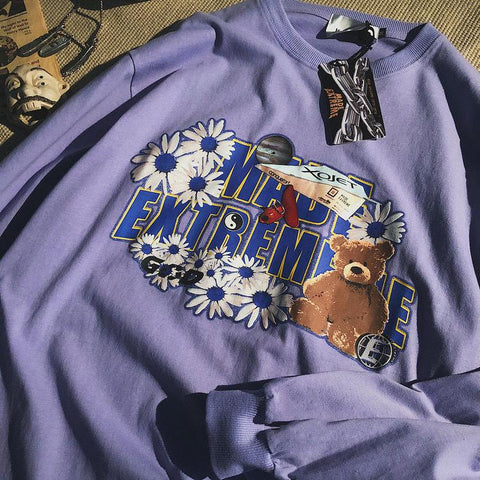 Sonicelife Vintage Couple Sweatshirt Women Floral Bear Loose Casual Long Sleeve Hoodies Oversized Streetwear Crew Collar Harajuku Top Cloth