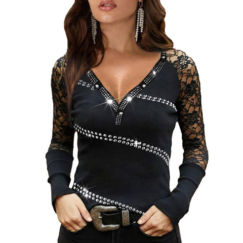 Lace Sequin Blouses Office Lady for Women Slim Fit Blouse Fashion Chic Elegant Shirts Fashion V-Neck Long Sleeve Blouse Tops