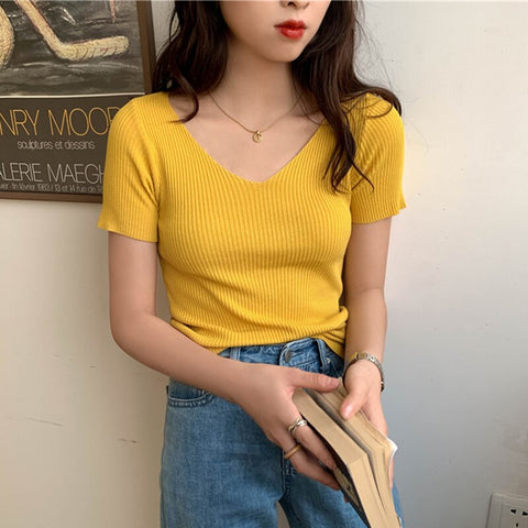 Sonicelife Christmas Gift AOSSVIAO 2024 Basic V-neck Solid Thin Summer Pullover Women Female Knitted Ribbed Sweater Slim Short Sleeve Bodycon Sweater