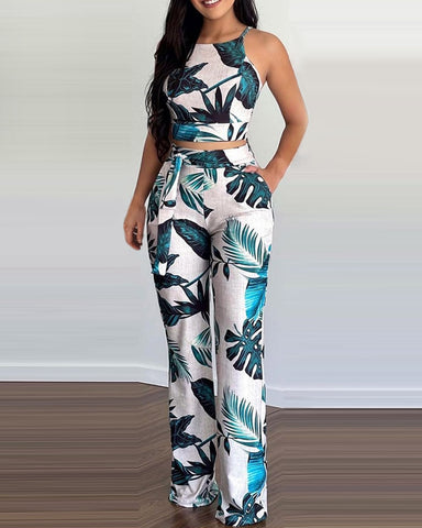 2023 Women Summer Spring Casual Sleeveless Tropical Print Crop Top & Long Pants Set Vacation 2PCS Set