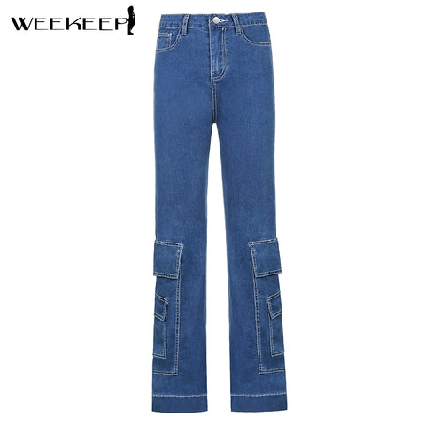 Weekeep Pocket Patchwork Womens Jeans Vintage High Waist Casual Baggy Straight Pants Long Trousers Casual Streetwear Denim Pants