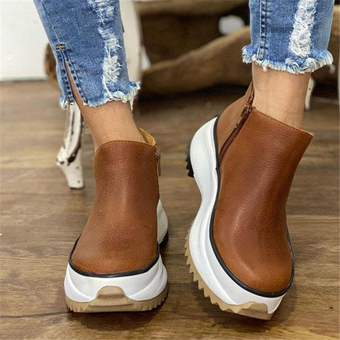 Sonicelife  Women's Ankle Boots Casual Leather Round Toe Side Zipper Ladies Platform Shoes for Women Female Footwear Botas De Mujer