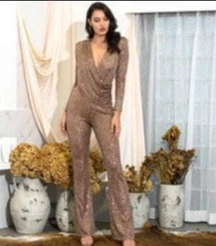 Sonicelife Brown Deep V-neck Draped Elastic Sequins bodycon Long Sleeve Party Jumpsuit LM82187