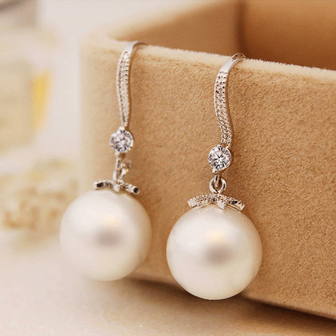 Elegant Round Imitation Pearl Dangle Earrings Dazzling CZ Women Engagement Wedding Graceful Accessories Fashion Earrings