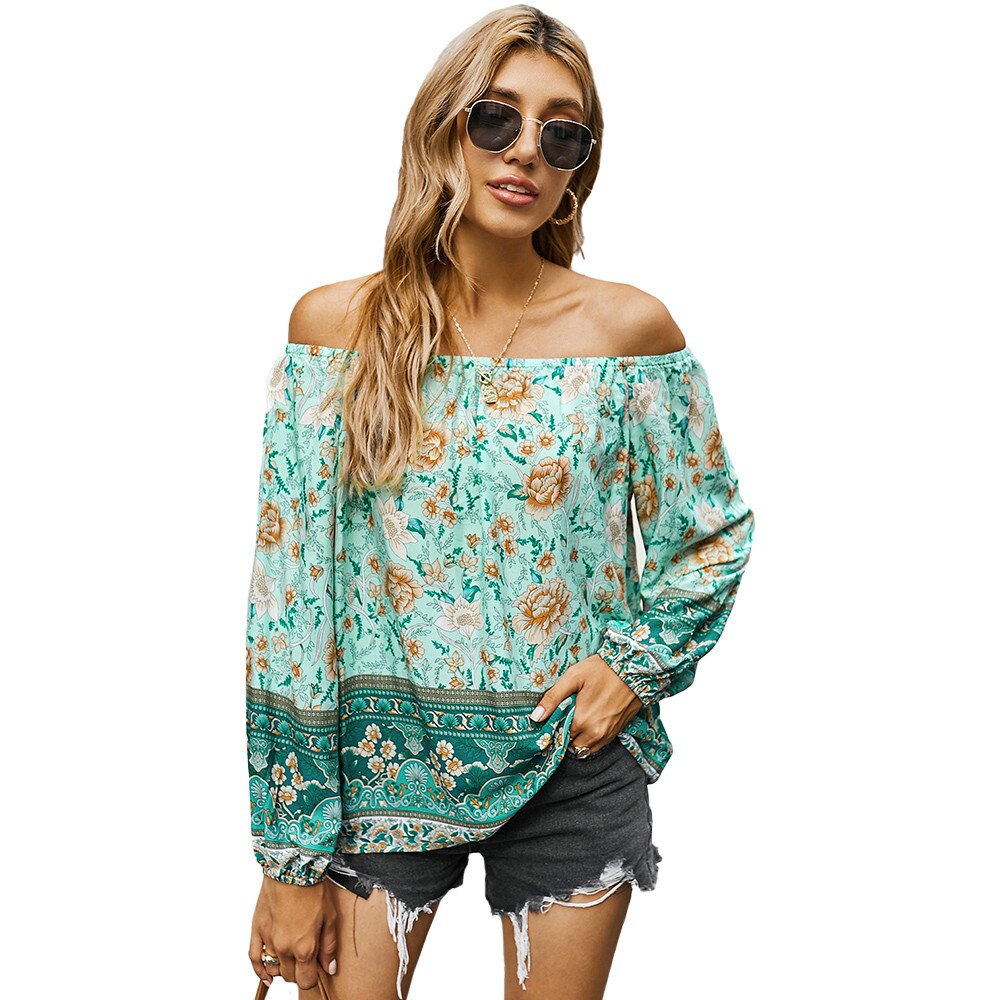 Sonicelife Sale Women Floral Print Off Shoulder Tops Bohemia Blouses Shirts Casual  Pullover Top Spring Lady Chic Long Sleeve Blusa D30