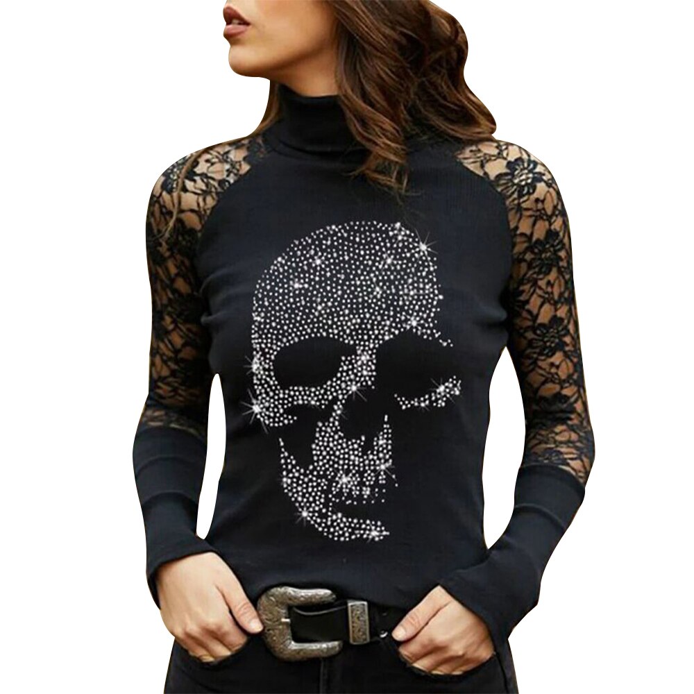 Sonicelife Women Turtleneck Lace Patchwork Long Sleeve Shirts 2024 Spring Autumn Ladies Casual  Tops Black Y2k Skull Print Streetwear