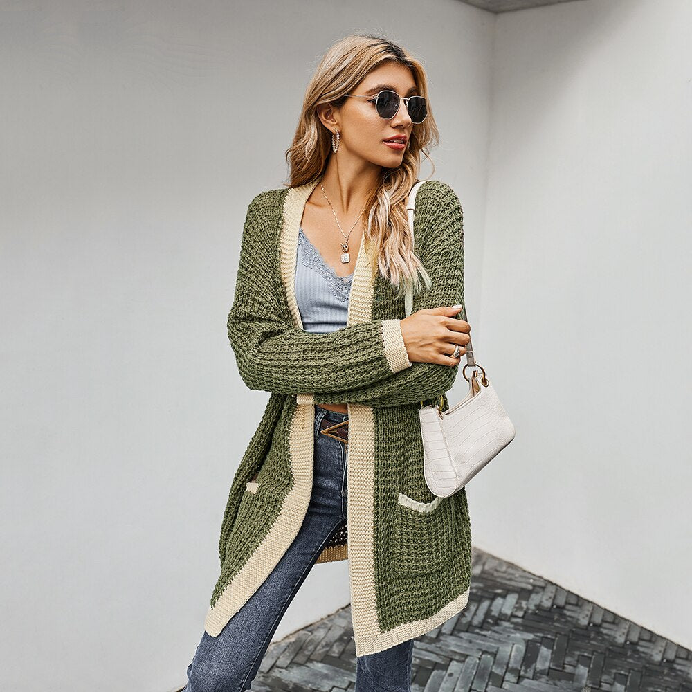 Sonicelife Sale Women Stitching Cardigan Jacket Patchwork Knitted Coat With Pocket Long Sleeve Soft Long Female Sweaters Casual Outwear D30