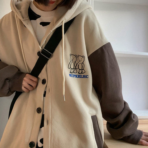 Sonicelife Harajuku Oversized Sweatshirt Streetwear Women Print Letter Zip Up Hoodies Student Plus Size Korean Outwear Chic Bear Loose Tops