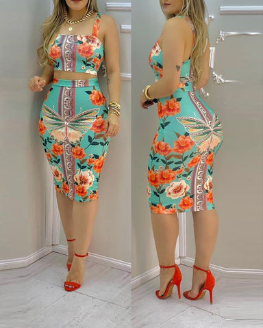 2023 Ninimour Women Sleeveless Floral Butterfly Print Square Neck Crop Top & Midi Skirt Set Summer Exotic  2PCS Set