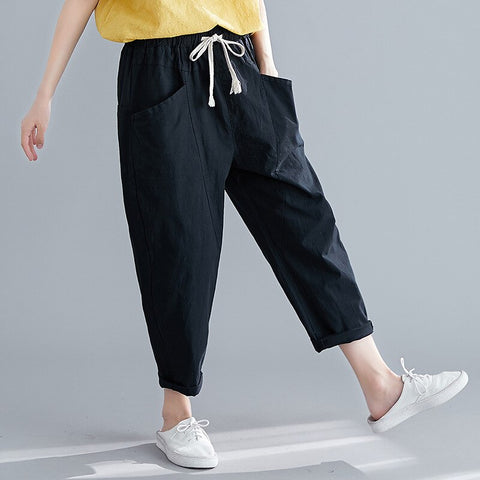 Cotton Linen Ankle-length Pants Summer 2021 Women Capris Pants Drawstring Loose High Waisted Trousers Linens Women's Harem Pants