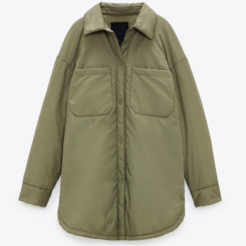 2023 Autumn Winter Women Vintage Green Thin Shirt Parka Coat Casual Pockets Oversize Warm Jacket Loose Long Outwear Female