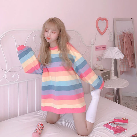 Sonicelife Harajuku Style Kpop Striped Loose Sweatshirt Women Spring Long Sleeve Pullover Kawaii Clothes Colorful Rainbow Student Girl Tops