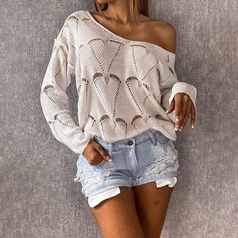 2023 Spring Autumn Solid Color Slash Neck Long Sleeve Casual Women Blouses Daily Shirts Hollow Out Open Knit Sweater Ladies Tops