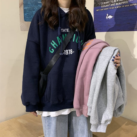 Sonicelife Hoodies Women 2024 New Loose Korean Student Blouse Harajuku Style Printing Plus Cashmere Hooded Woman Clothes Ladies Pullovers