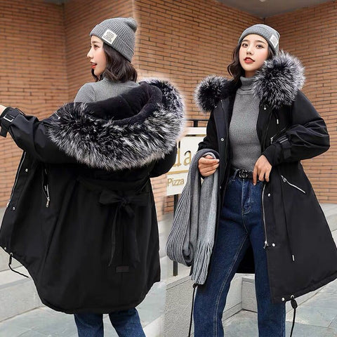 Sonicelife Fashion Long Lamb Hair Liner Parker Cotton Jacket Coat New Warm Women's Winter Jackets Belt Big Faux Fur Coats Parkas
