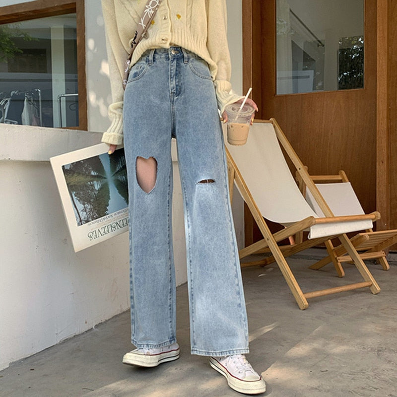 Sonicelife Woman Jeans Ripped High Waist Clothes Wide Leg Denim Clothing Streetwear Vintage Quality 2024 Fashion Harajuku Straight Pants