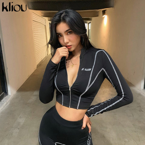 kliou women 2 pieces set fitness tracksuit long sleeve zipper crop top+leggings fashion reflective letters sportswear outfits