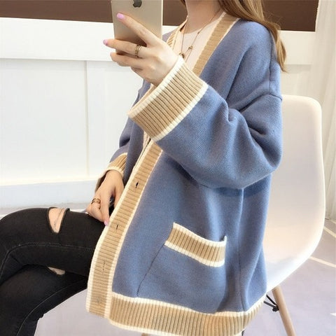 Women's Cardigan Knitted Korean Fashion Stripe Wool Sweater for Women Winter Long Sleeve V-neck Casual Knitwear Coats Female