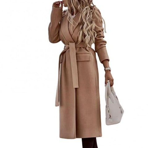 70%  Dropshipping!!Autumn Winter Women Lapel Long Sleeve Outerwear Solid Color Belt Coat Jacket