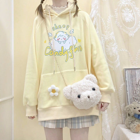 Sonicelife  Deeptown Kawaii Yellow Sheep Print Oversize Hoodies Women Korean Style Harajuku Cute Long Sleeve Pullover Female Sweatshirt Tops