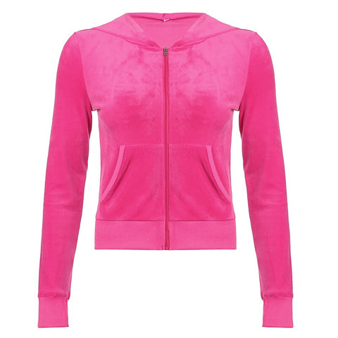 Sonicelife New Cropped Jackets Pink Velvet Women Long Sleeve Sweatshirt With Zipper Autumn Solid Kawaii Hoodies Streetwear Cardigan