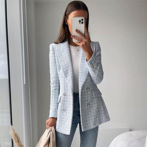 Spring Women New Casual Tweed Blazer Vintage Office Lady Autumn Jacket Coat double Breasted Outwear Female Chic Tops