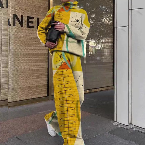 Sonicelife  Women Vintage Turtleneck Print Tops Pullover + Wide Leg Pants Suits Casual Pattern Knit Tracksuit 2 Piece Set Fashion Streetwear