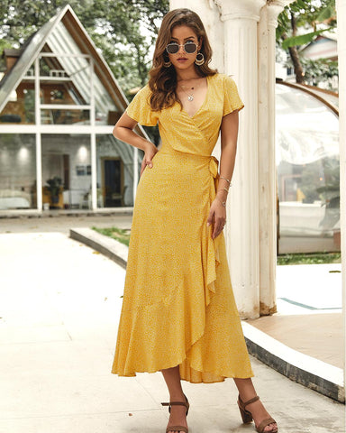 Sonicelife Summer Wrap Dress Beach Floral Print Bohemian Chiffon A Line Vintage Polka Dot Waist Tied Maxi Casual Dress Women0424