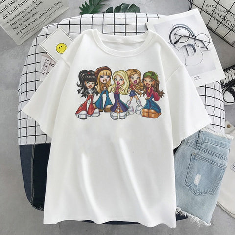 Sonicelife Summer New Bratz Letter Women T-Shirts Casual White Tops Fashion Harajuku Short Sleeve Print Y2k Graphic Streetwear T Shirt