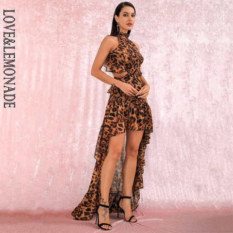 LOVE&LEMONADE  Stand Collar Open Back Cut Out Ruffles Irregular Leopard-Print Chiffon Dress LM81853