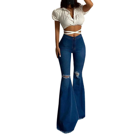 Sonicelife  New Women Denim Flared Pants High-Waisted Button Holes Ripped Bodycon Bell-Bottoms Trousers Solid Tight Summer Clothing