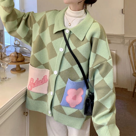 Sonicelife  Y2K Kawaii Pink Aygyle Knitted Sweater Cardigan Women Korean Style Oversize Pockets Green Jumper Female Cute Tops