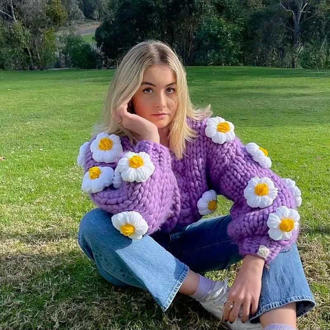 Sonicelife 2024 Women's Cardigans Multicolor Floral Knitted Decoration Long Sleeve Loose Coats Warm Sweaters 3 Colors