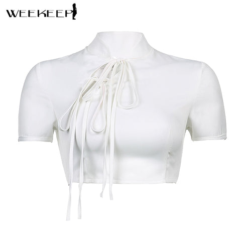 Weekeep White Bandage Chinese Style T-Shirt Women Short Sleeve Turtleneck Hollow Out  Crop Top Summer 2023 Elegant Solid Tee