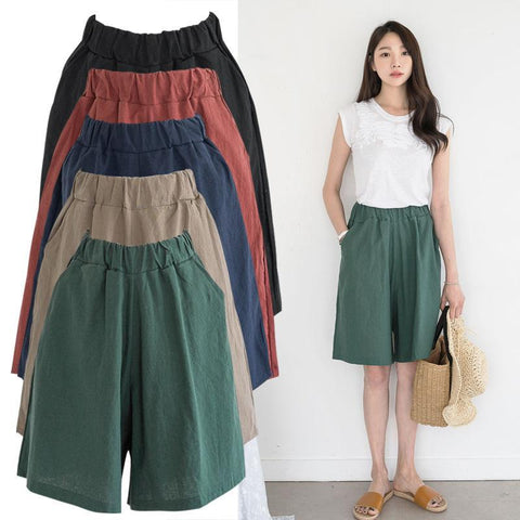 Women's Clothing Summer 2021 Cotton and Linen Casual Shorts Plus Large Large Size Elastic Waist Five-point Wide-leg Pants