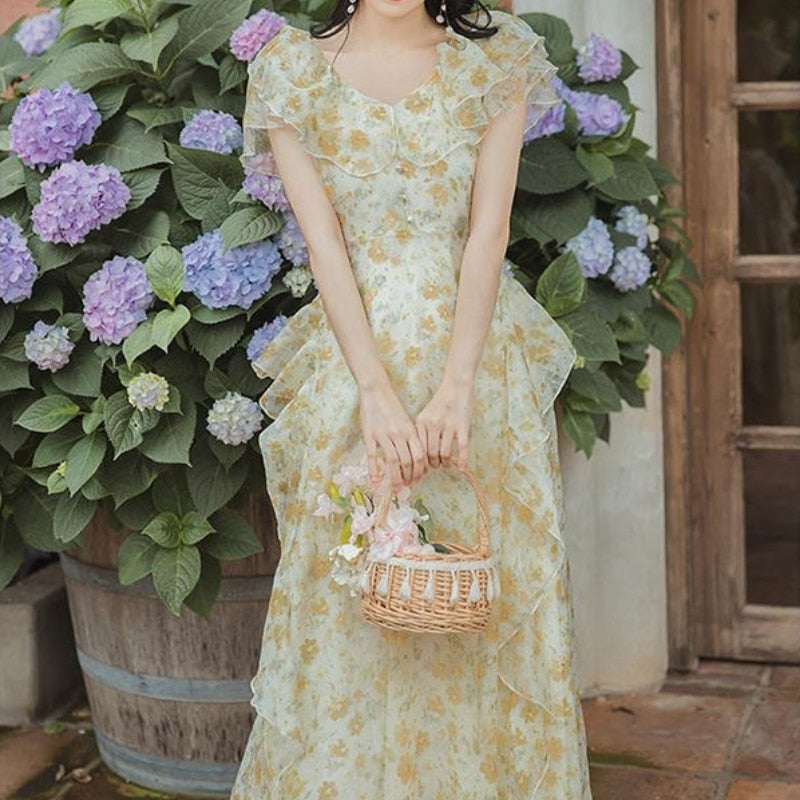 Sonicelife French Vintage Fairy Dress Women Ruffle Irregular Designer Long Floral Dress  Summer Elegant Korean Holiday Victorian Dress