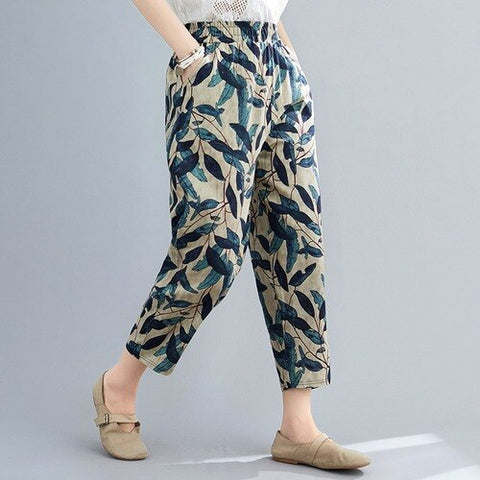 Sonicelife Women Harem Pants Cotton Linen Vintage High Waisted Trousers Spring Summer Loose Retro Floral Printed Wide Leg Pants Streetwear