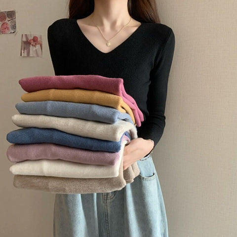 Christmas Gift AOSSVIAO autumn winte cashmere sweaters women fashion  v-neck pullover slim 100% wool long sleeve 2023 knitted tops