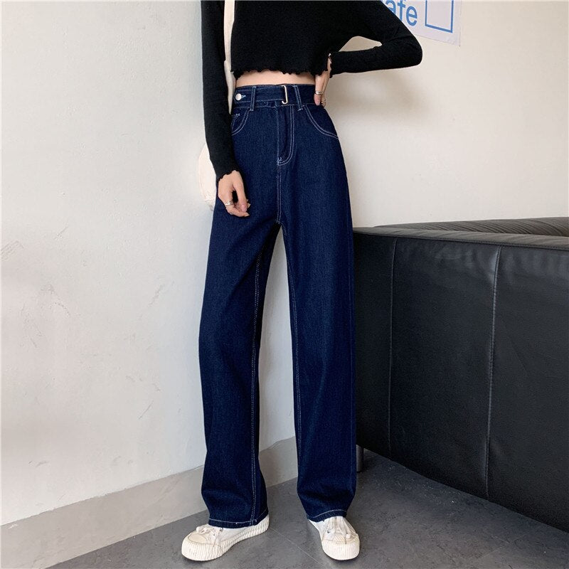 Sonicelife Woman Jeans High Waist Clothes Wide Leg Denim Clothing Blue Streetwear Vintage Quality 2024 Fashion Harajuku Straight Pants